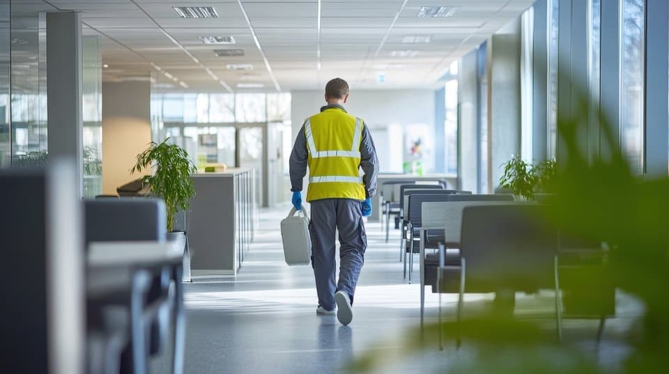 Facility maintenance worker in modern office environment